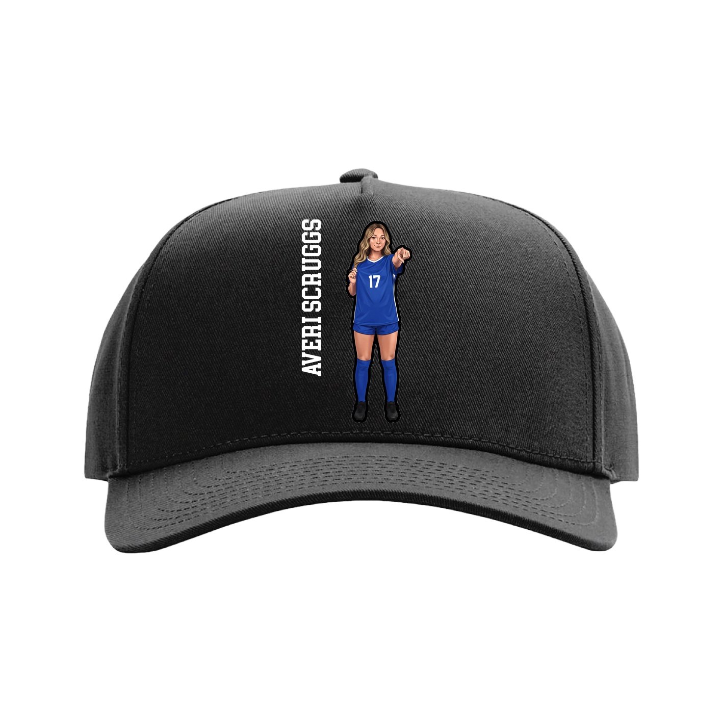 Full Fabric Five-Panel Champ Cap — Name Vertical in Black