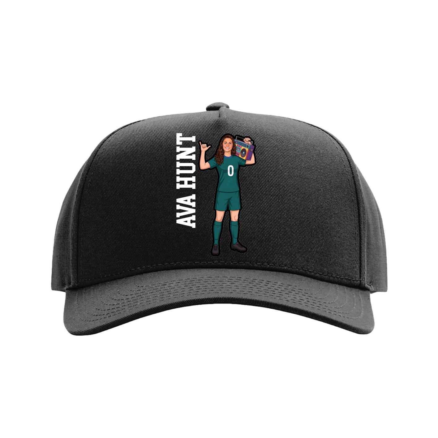 Full Fabric Five-Panel Champ Cap — Name Vertical in Black