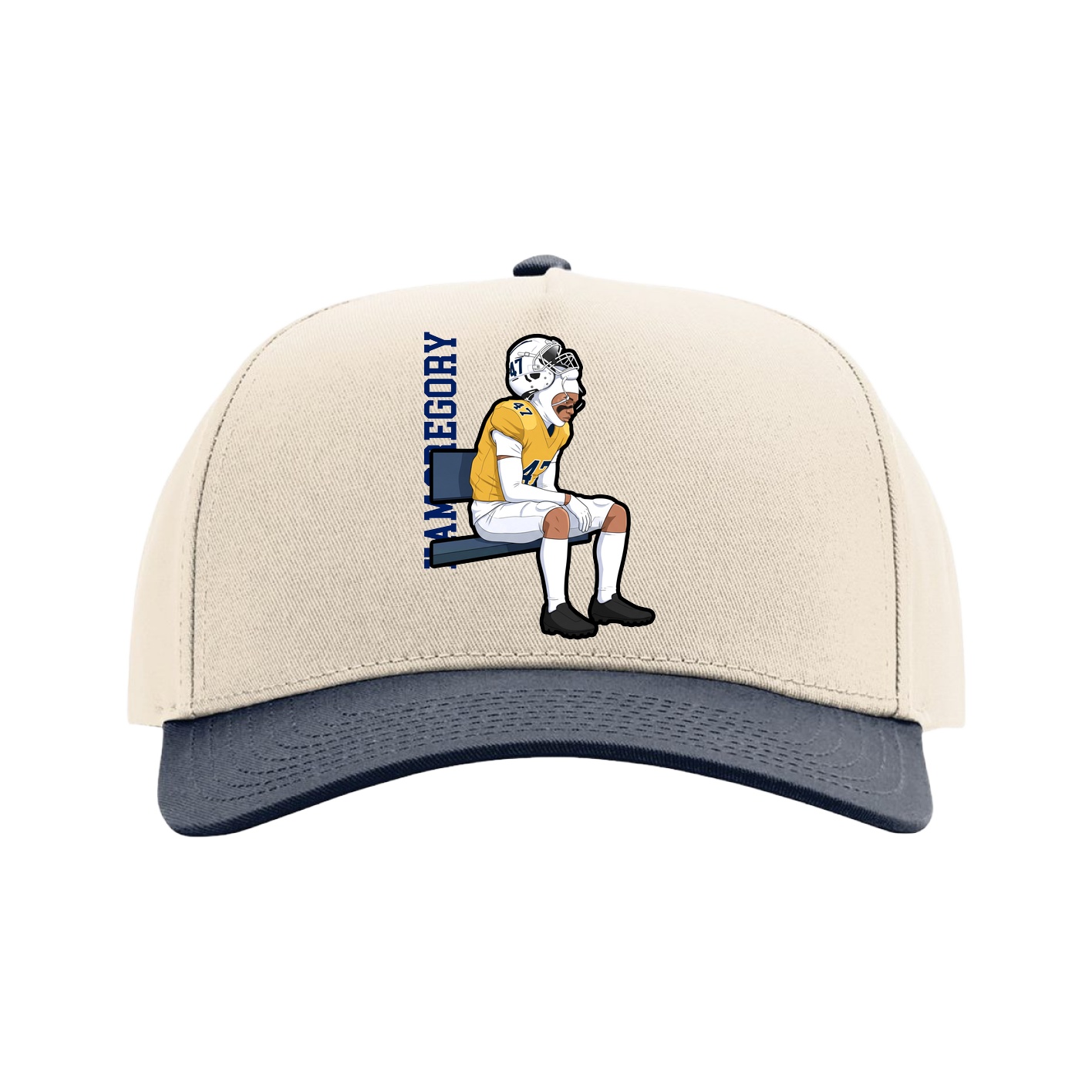 Full Fabric Five-Panel Champ Cap — Name Vertical in Cream/Navy