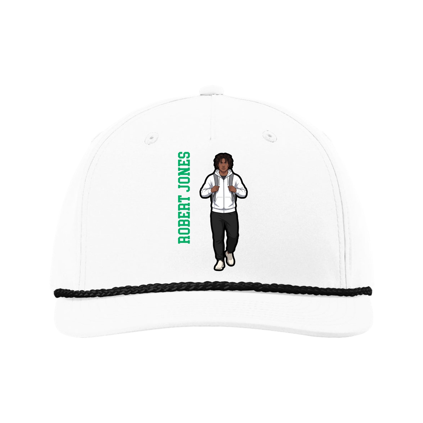 Five-Panel Classic Rope Cap — Name Vertical in White