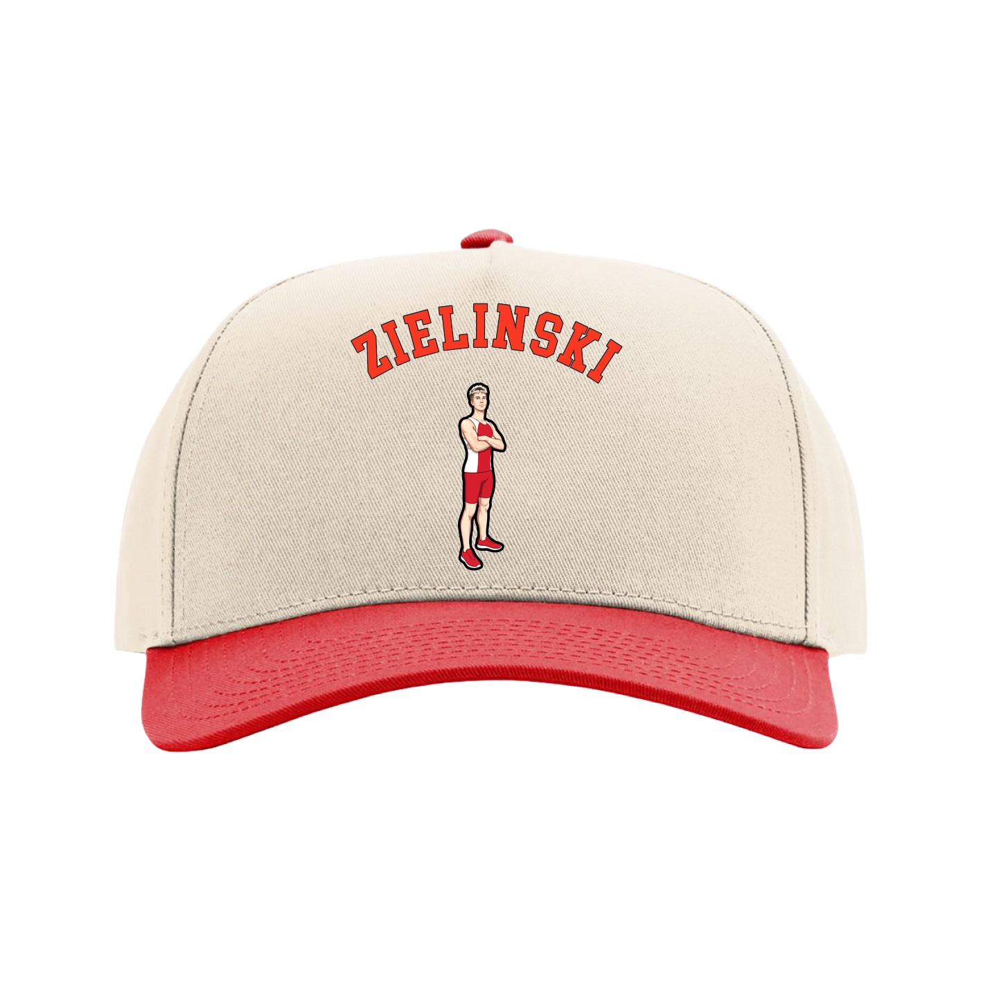 Full Fabric Five-Panel Champ Cap — Shirsey Arch in Cream/Red