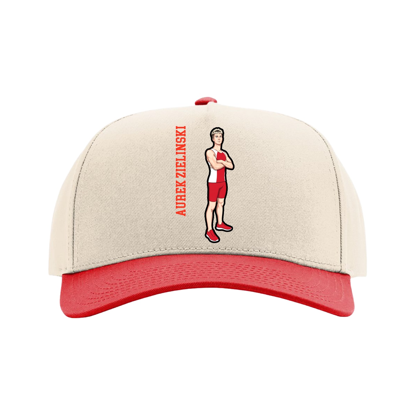 Full Fabric Five-Panel Champ Cap — Name Vertical in Cream/Red