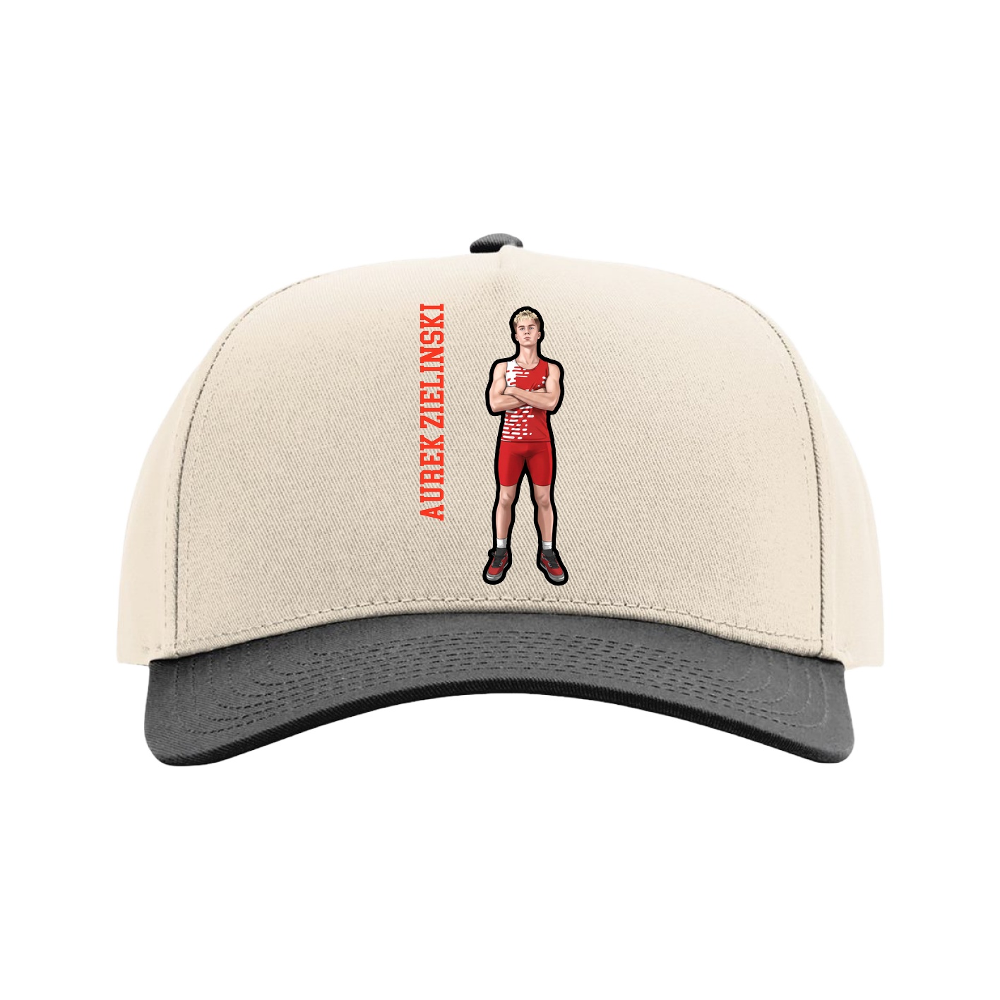 Full Fabric Five-Panel Champ Cap — Name Vertical in Cream/Black