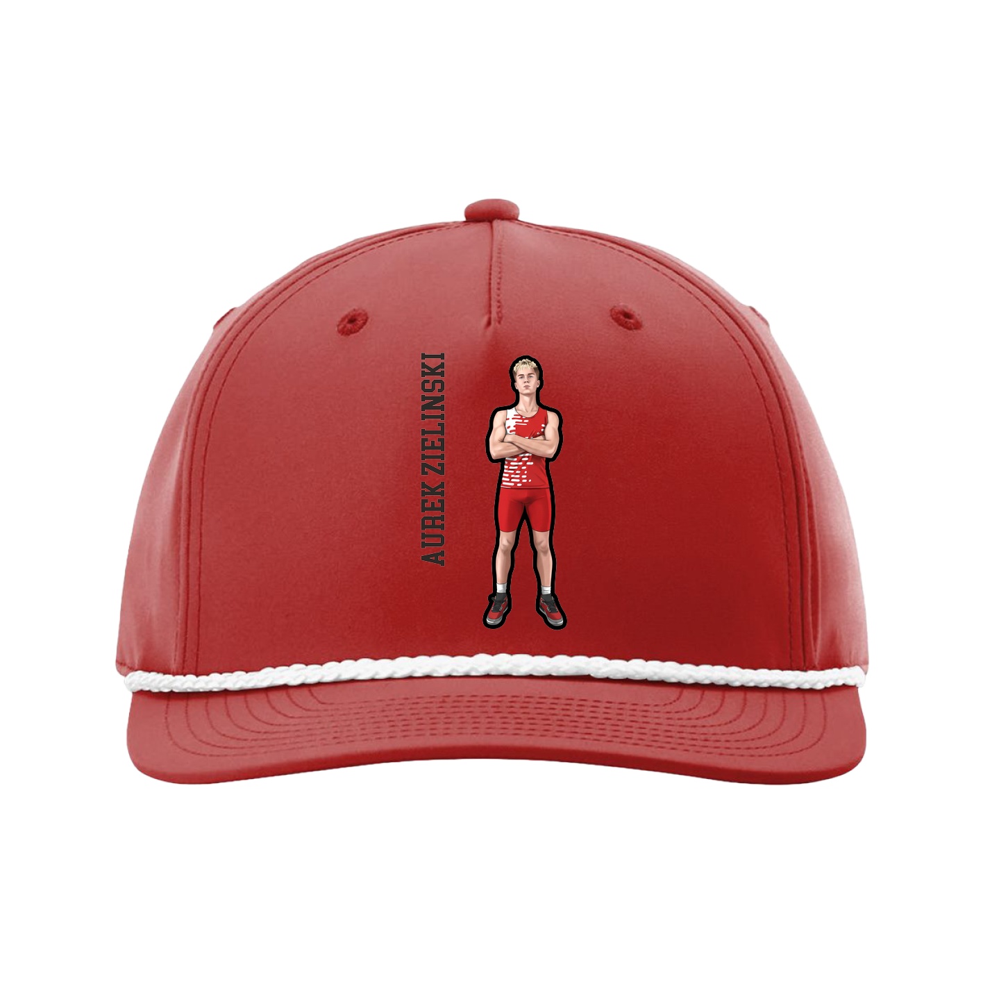 Five-Panel Classic Rope Cap — Name Vertical in Red