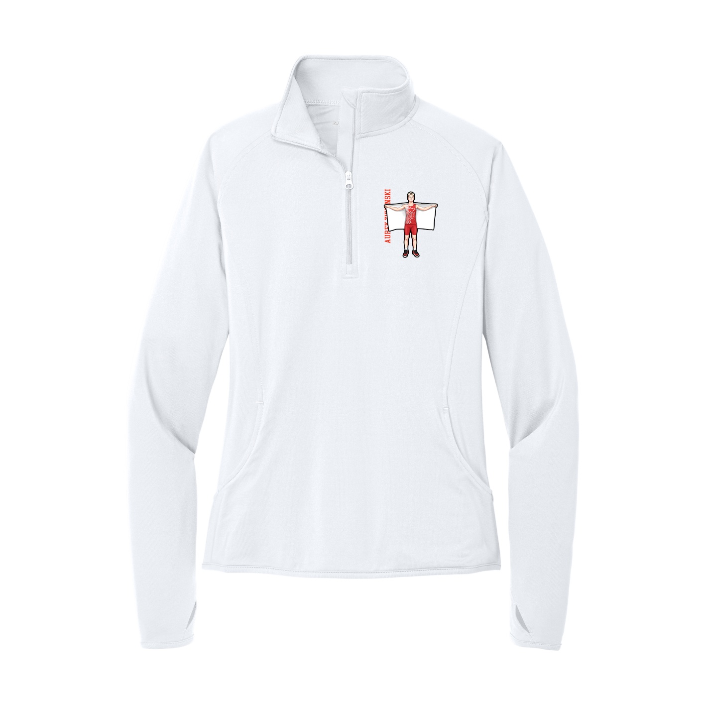 Women's Q-Zip Pullover — Name Vertical in White