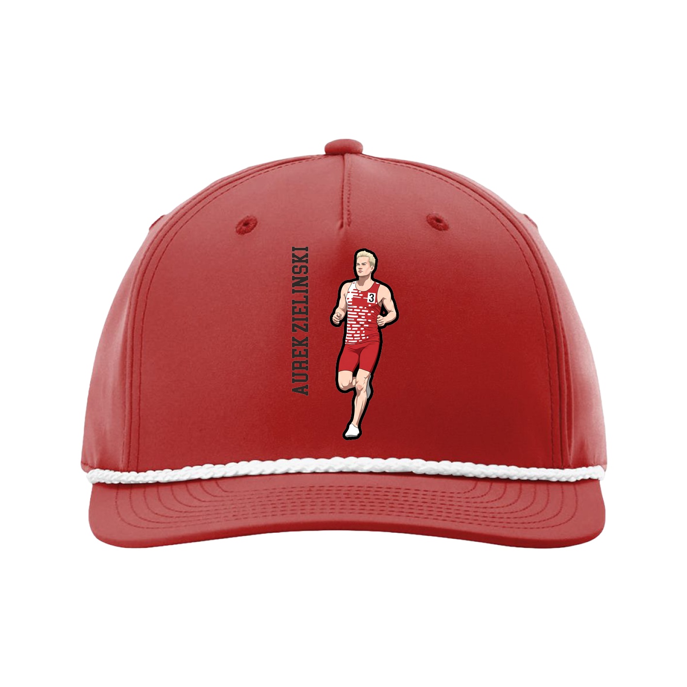 Five-Panel Classic Rope Cap — Name Vertical in Red