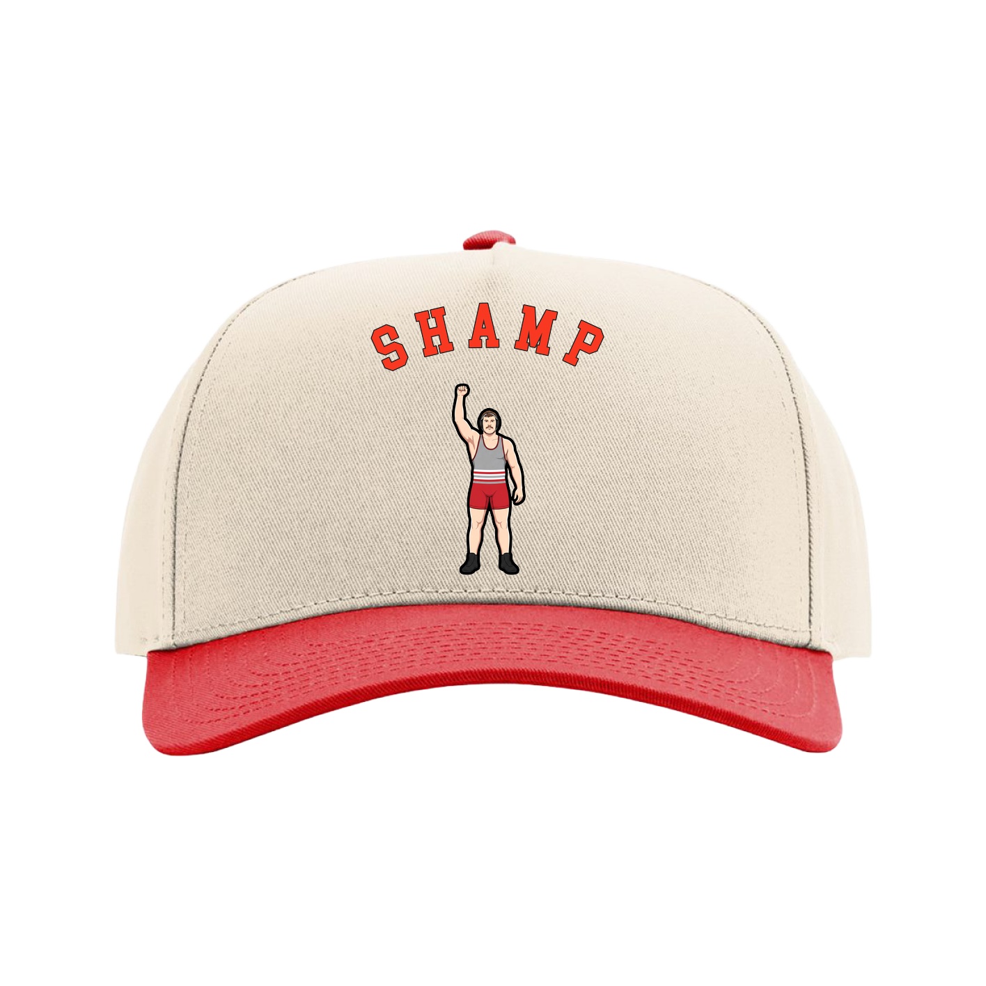 Full Fabric Five-Panel Champ Cap — Shirsey Arch in Cream/Red