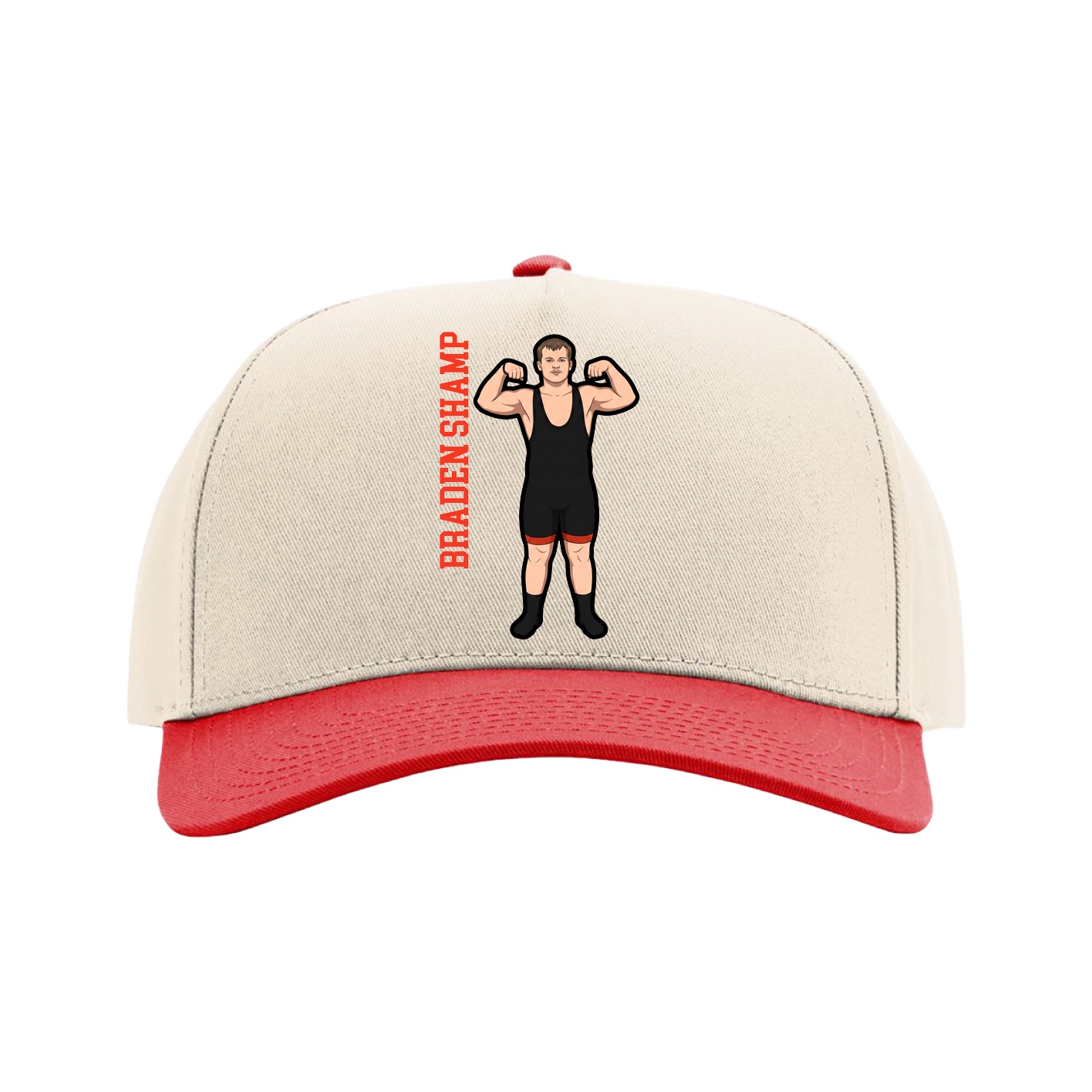 Full Fabric Five-Panel Champ Cap — Name Vertical in Cream/Red