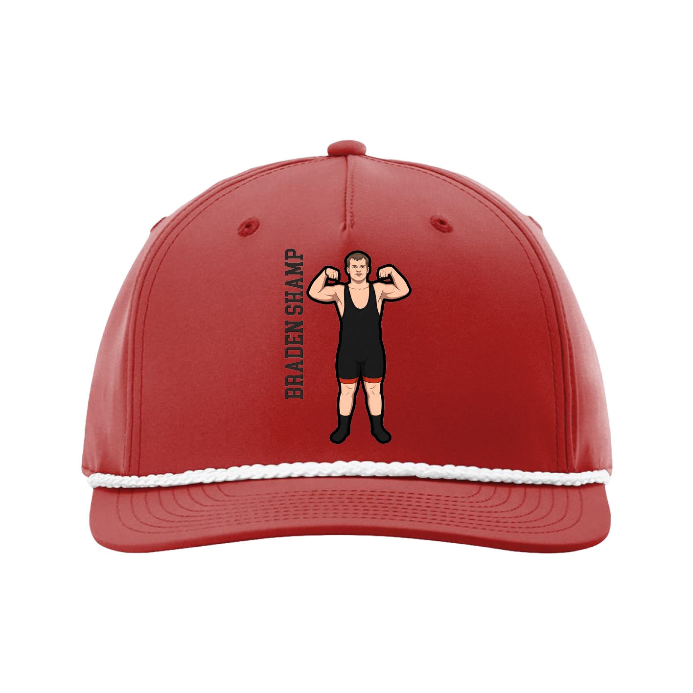 Five-Panel Classic Rope Cap — Name Vertical in Red