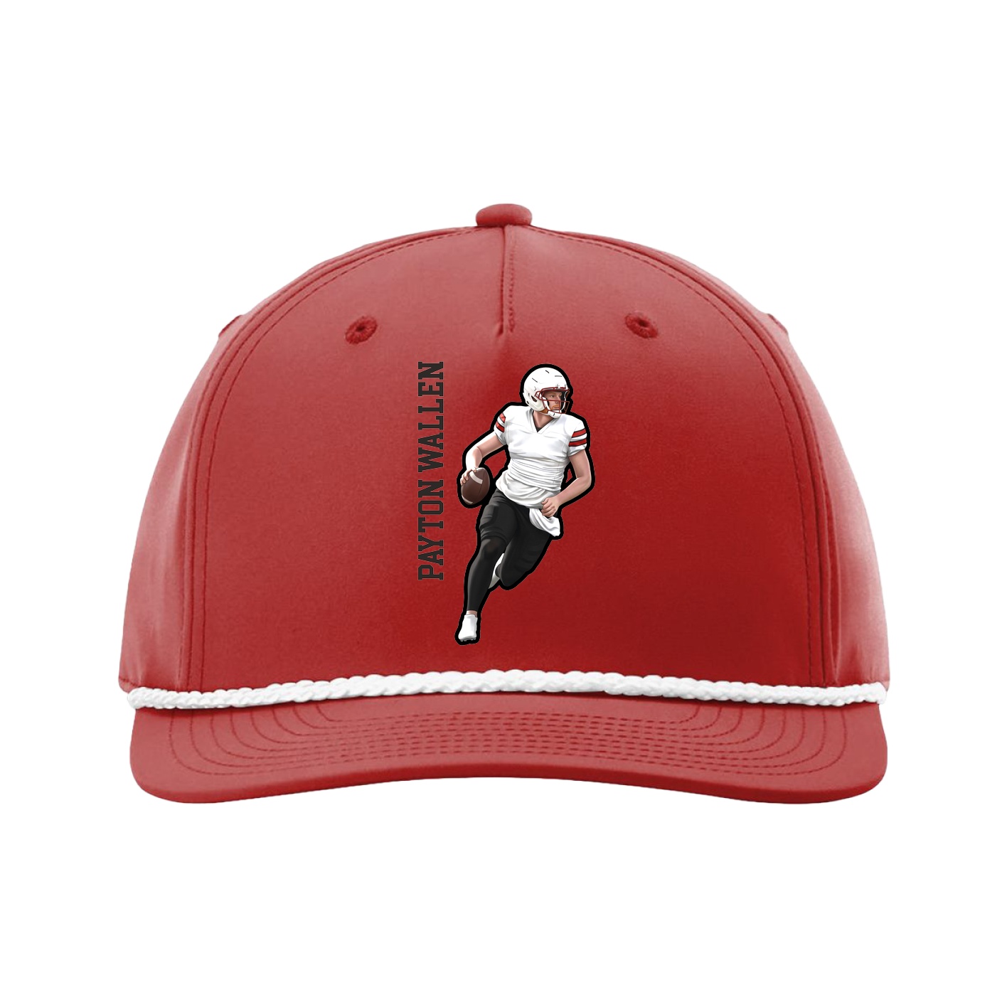Five-Panel Classic Rope Cap — Name Vertical in Red
