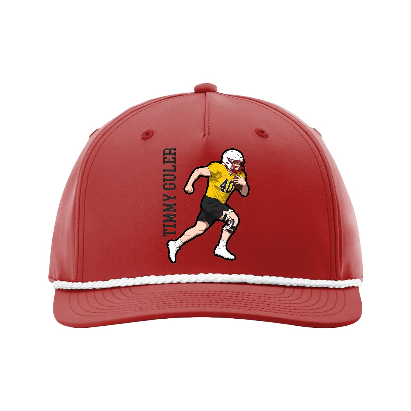Five-Panel Classic Rope Cap — Name Vertical in Red