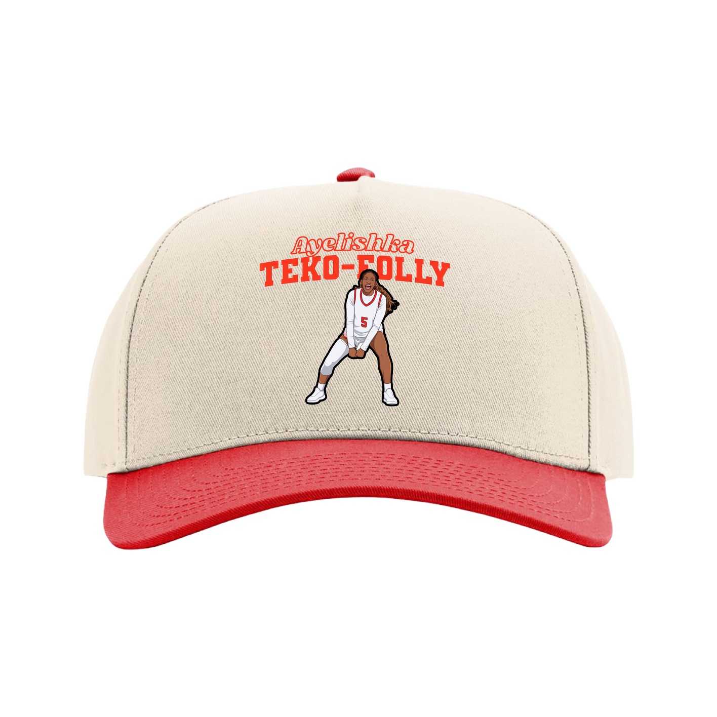 Full Fabric Five-Panel Champ Cap — Name Arch in Cream/Red