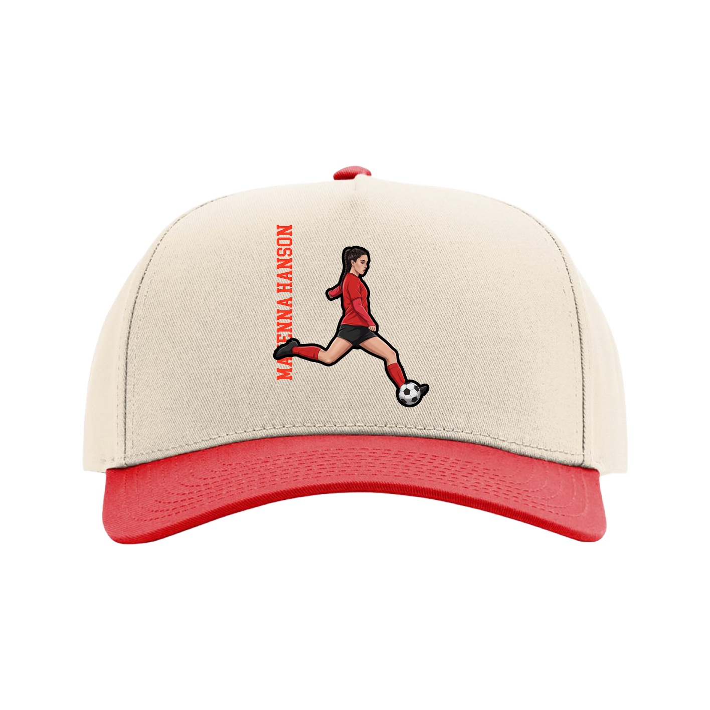 Full Fabric Five-Panel Champ Cap — Name Vertical in Cream/Red