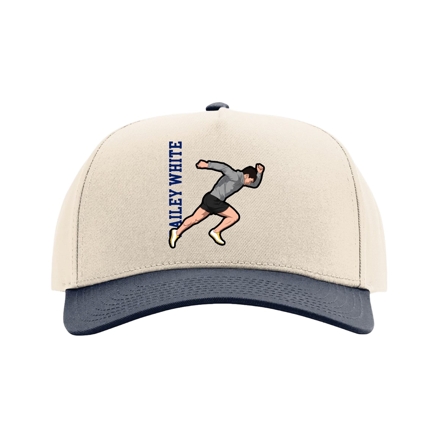 Full Fabric Five-Panel Champ Cap — Name Vertical in Cream/Navy