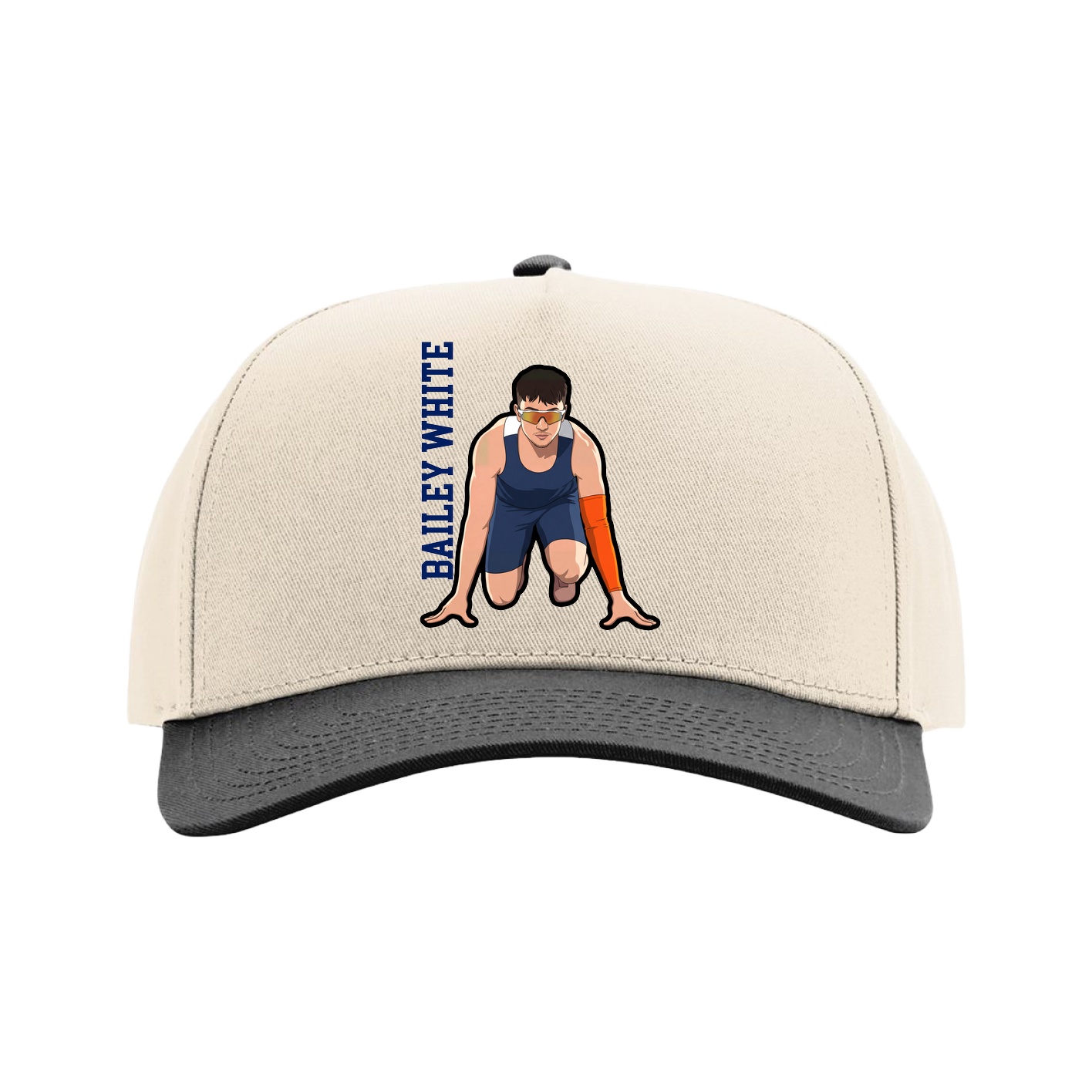 Full Fabric Five-Panel Champ Cap — Name Vertical in Cream/Black