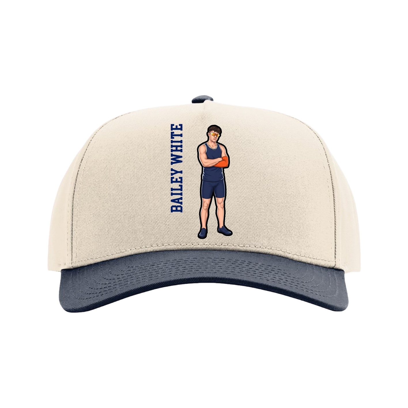 Full Fabric Five-Panel Champ Cap — Name Vertical in Cream/Navy