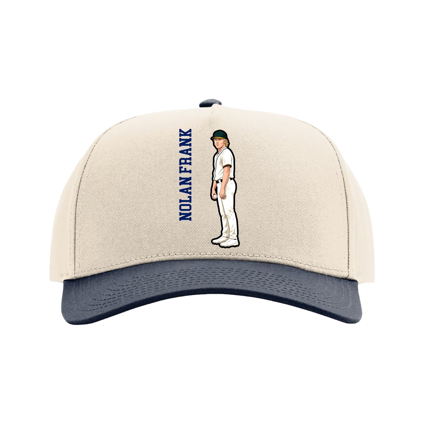 Full Fabric Five-Panel Champ Cap — Name Vertical in Cream/Navy