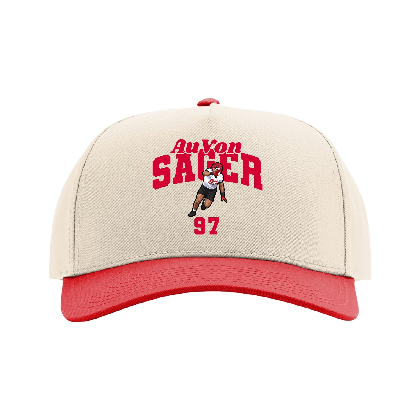 Full Fabric Five-Panel Champ Cap — Signature Arch in Cream/Red
