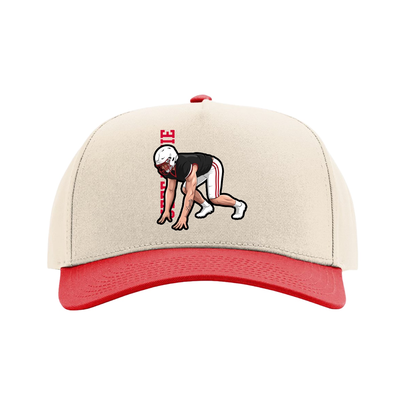 Full Fabric Five-Panel Champ Cap — Name Vertical in Cream/Red