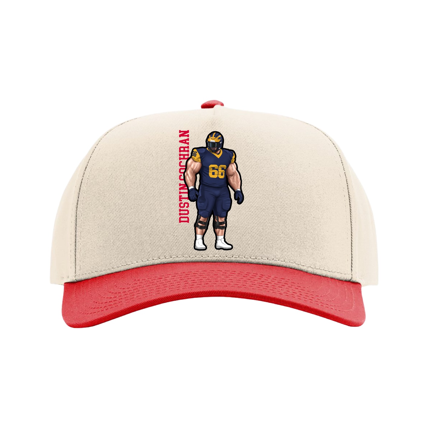 Full Fabric Five-Panel Champ Cap — Name Vertical in Cream/Red
