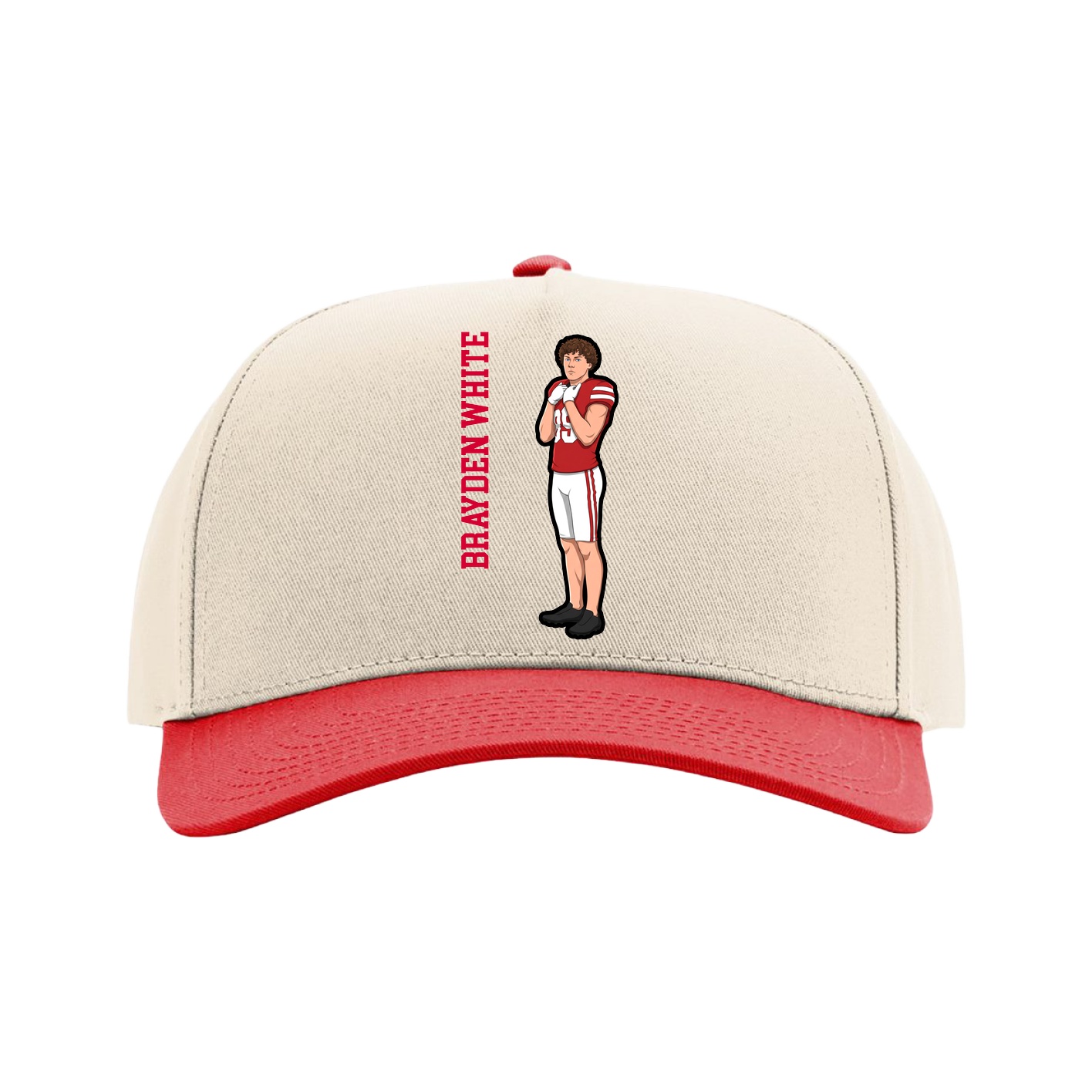 Full Fabric Five-Panel Champ Cap — Name Vertical in Cream/Red
