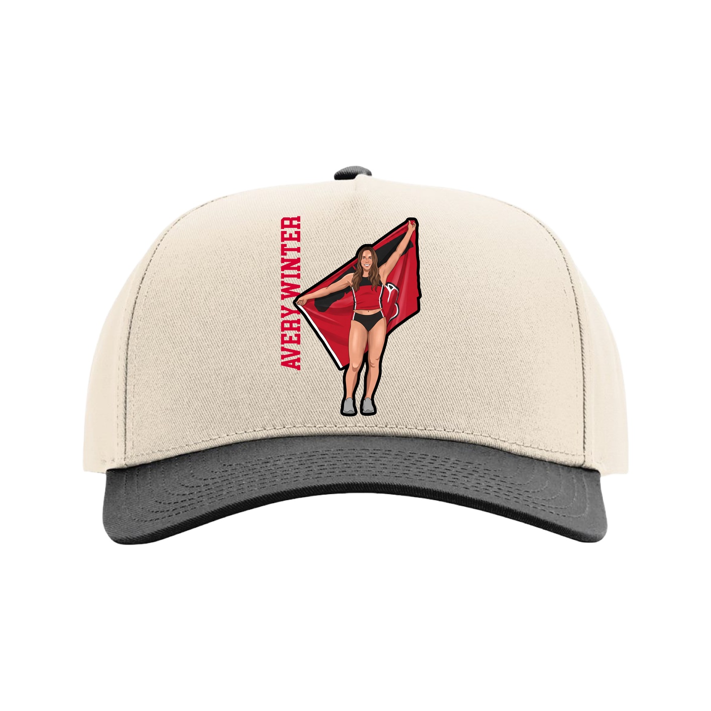 Full Fabric Five-Panel Champ Cap — Name Vertical in Cream/Black