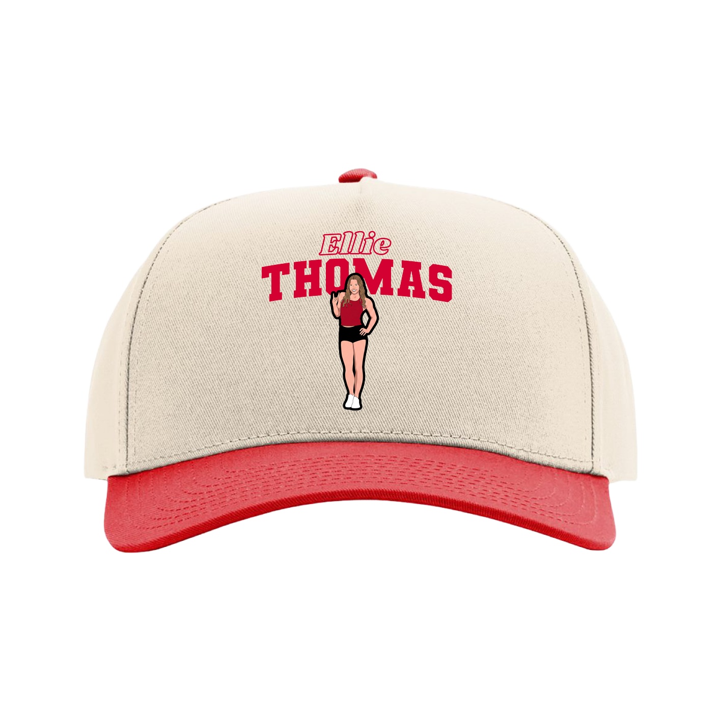 Full Fabric Five-Panel Champ Cap — Name Arch in Cream/Red