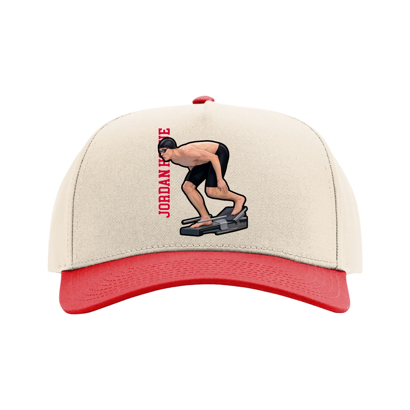 Full Fabric Five-Panel Champ Cap — Name Vertical in Cream/Red