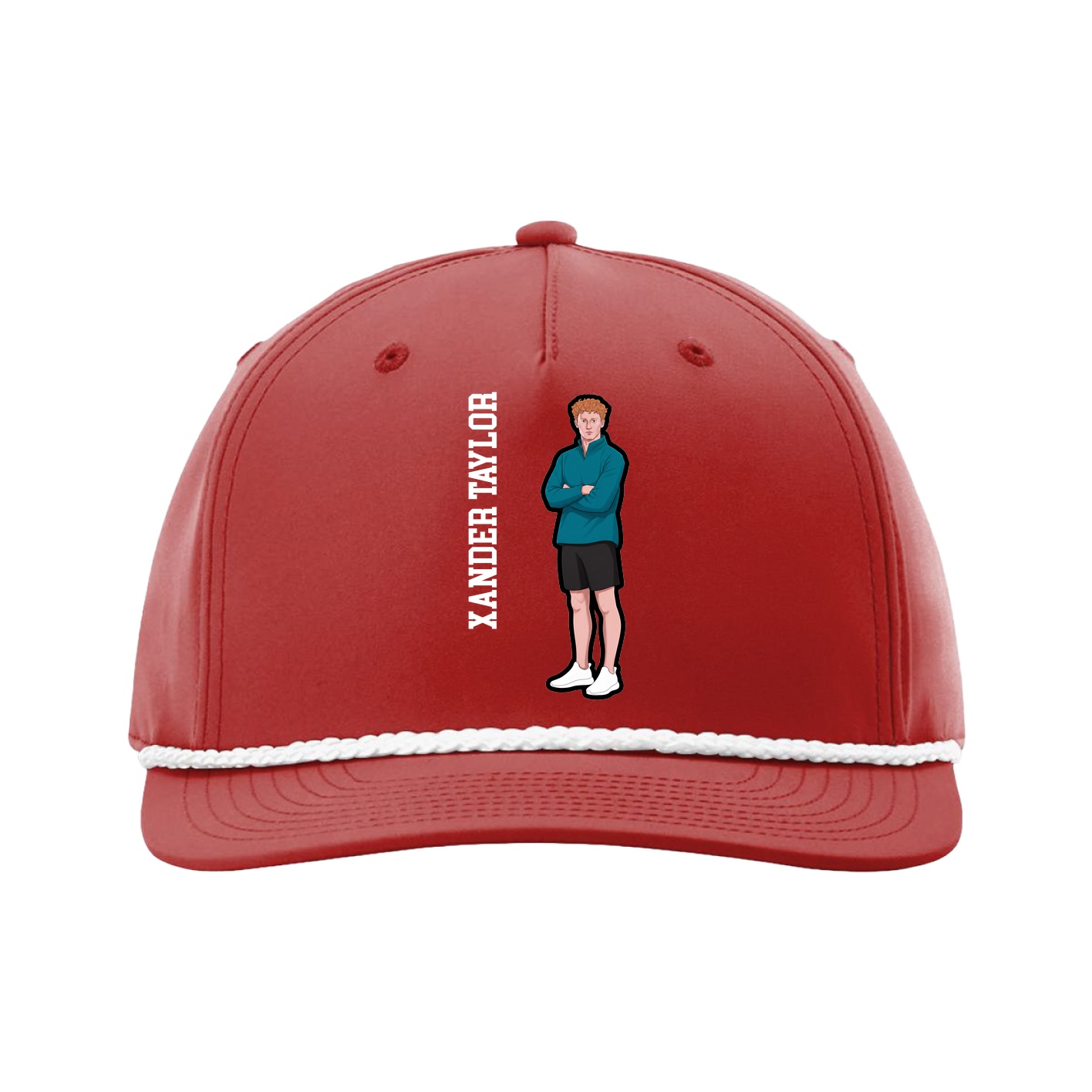 Five-Panel Classic Rope Cap — Name Vertical in Red