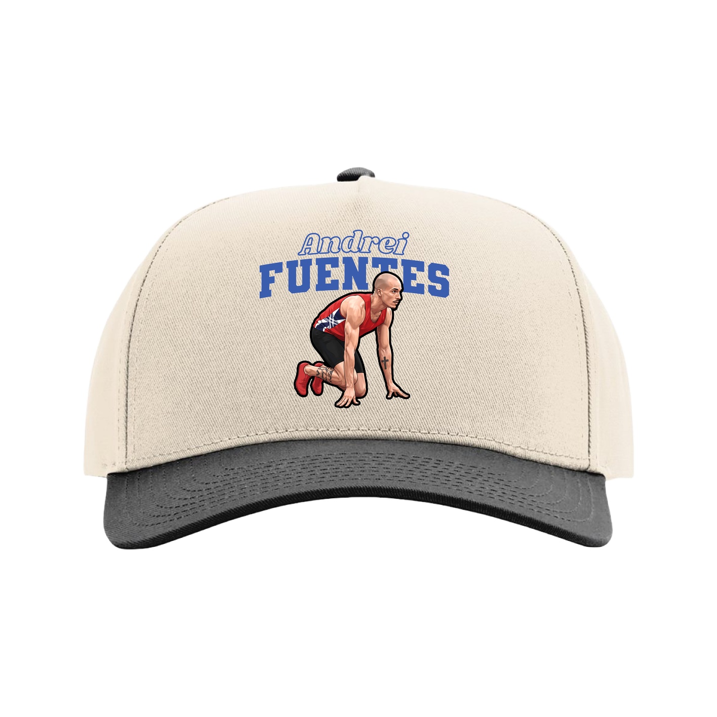 Full Fabric Five-Panel Champ Cap — Name Arch in Cream/Black