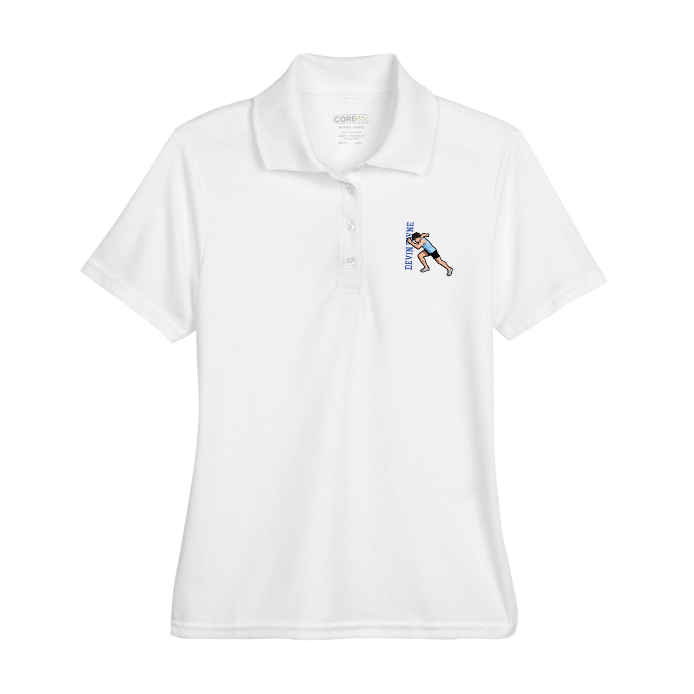 Womens Performance Polo — Name Vertical in White