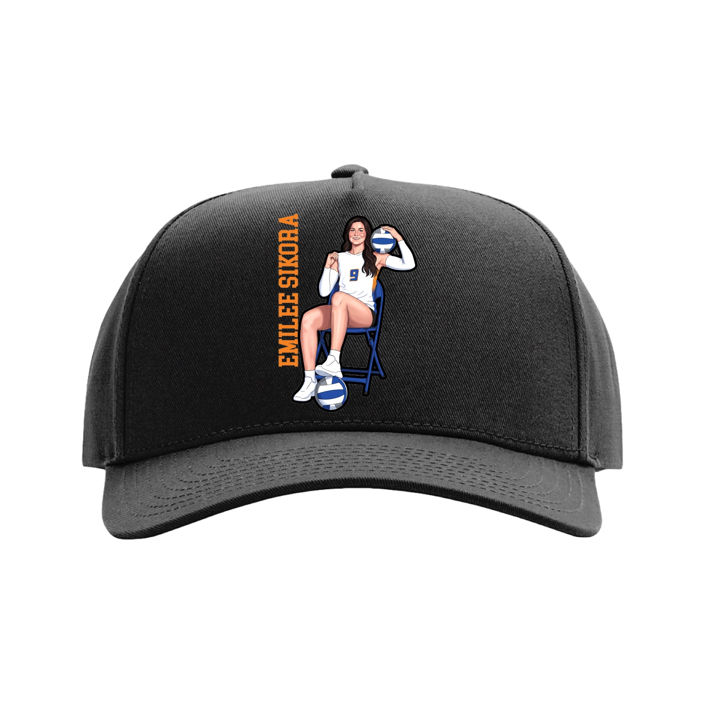 Full Fabric Five-Panel Champ Cap — Name Vertical in Black