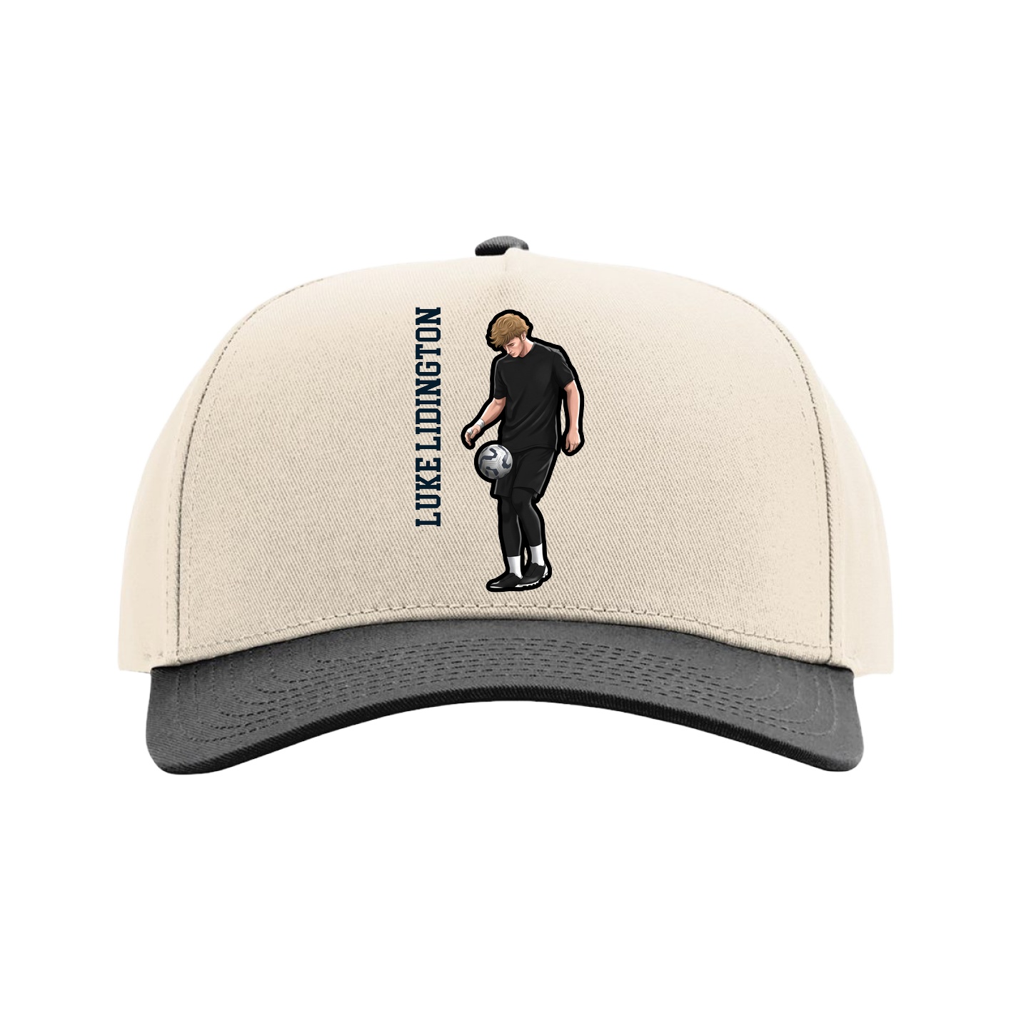 Full Fabric Five-Panel Champ Cap — Name Vertical in Cream/Black