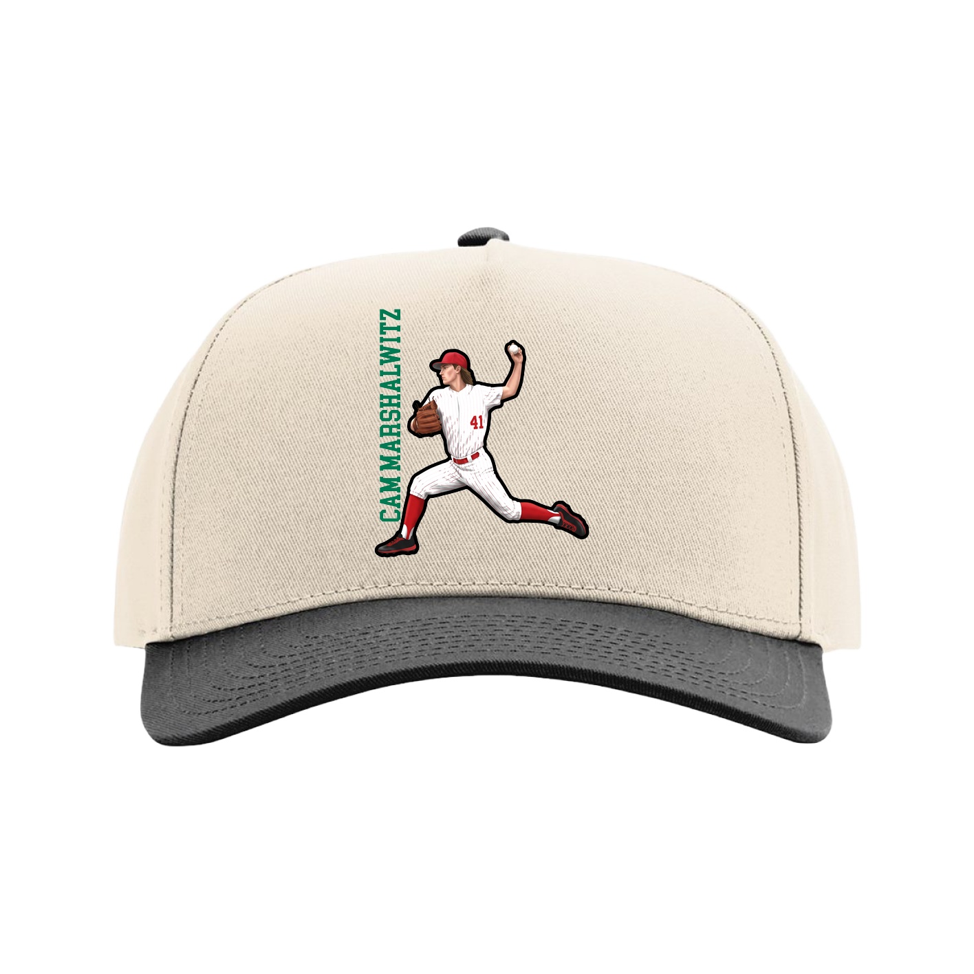 Full Fabric Five-Panel Champ Cap — Name Vertical in Cream/Black