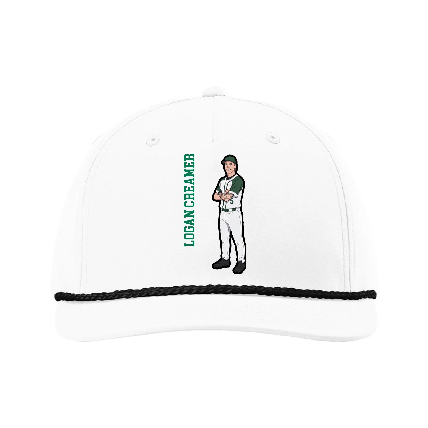 Five-Panel Classic Rope Cap — Name Vertical in White