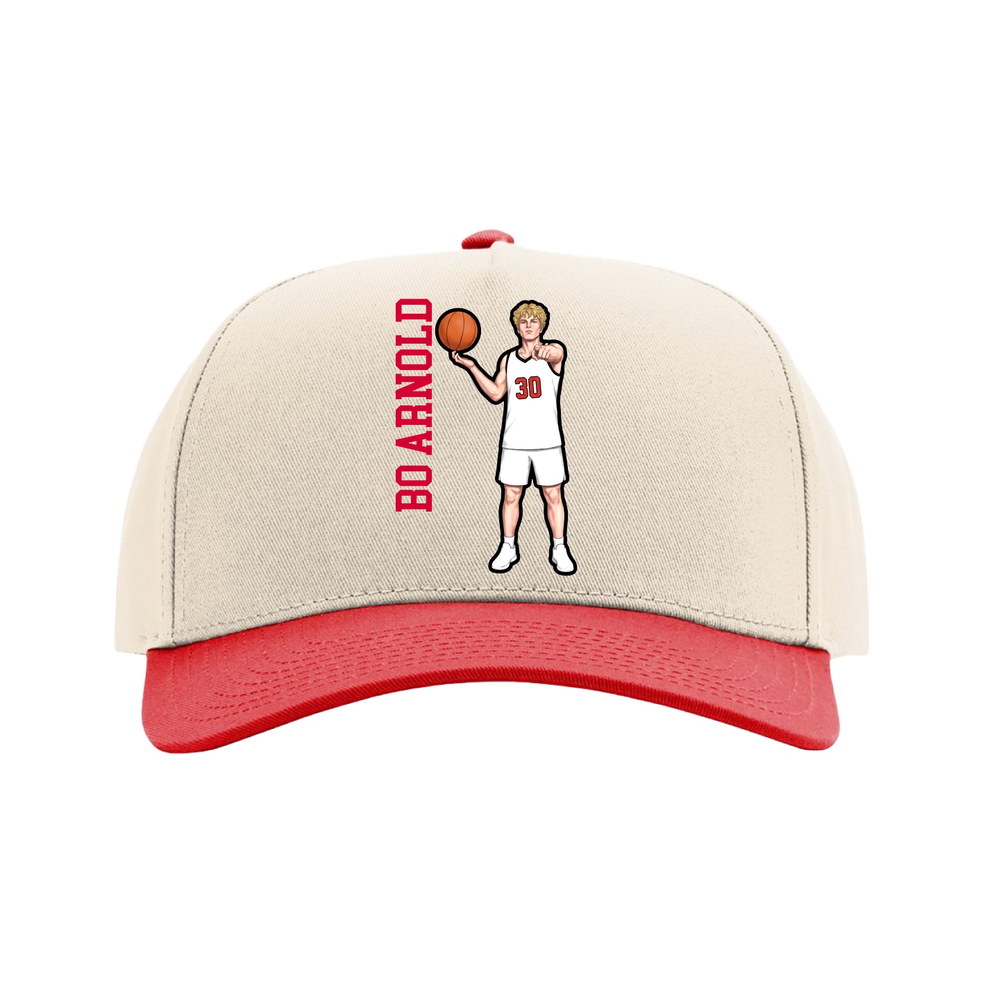 Full Fabric Five-Panel Champ Cap — Name Vertical in Cream/Red