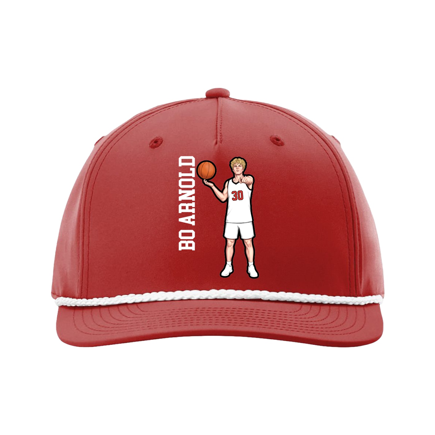 Five-Panel Classic Rope Cap — Name Vertical in Red