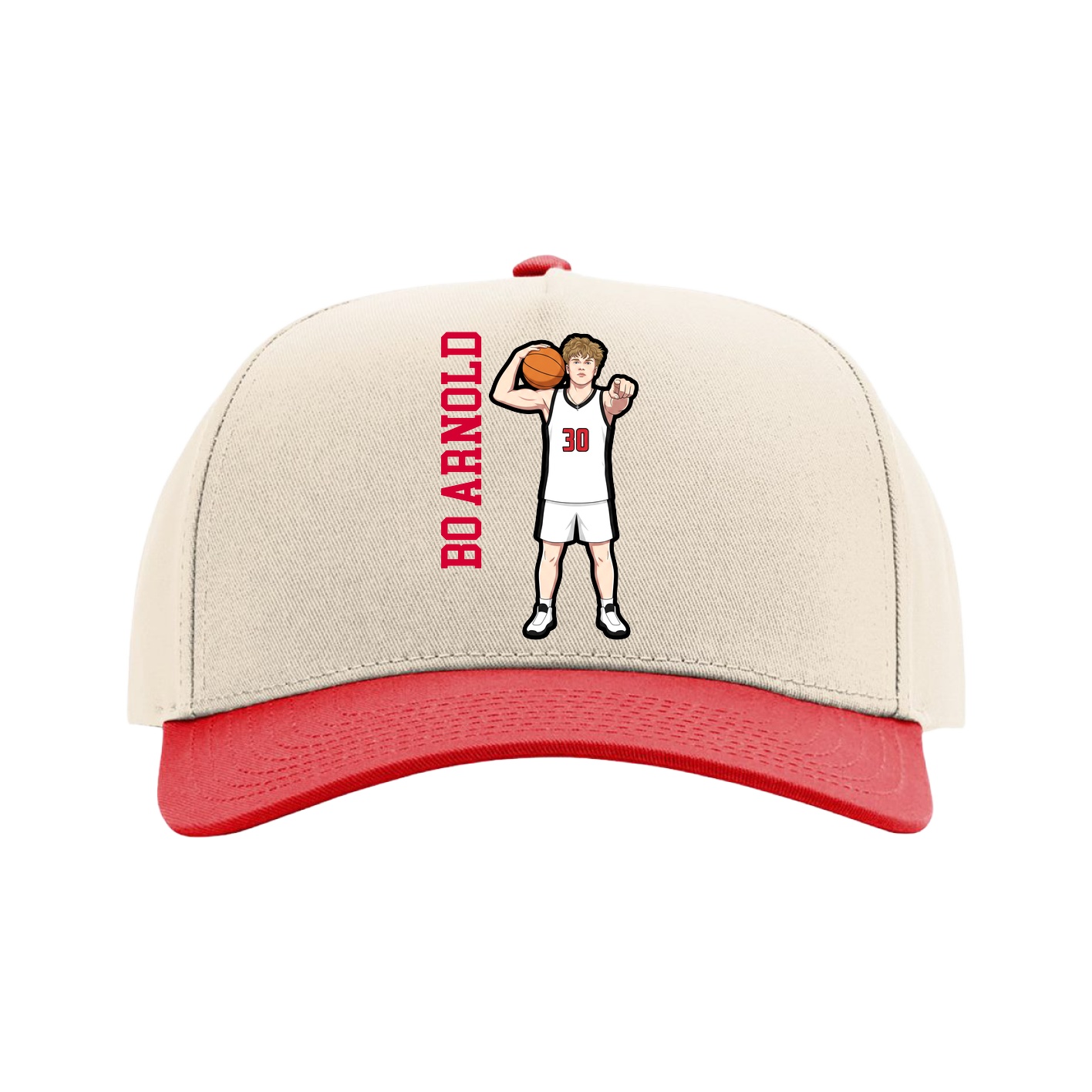 Full Fabric Five-Panel Champ Cap — Name Vertical in Cream/Red
