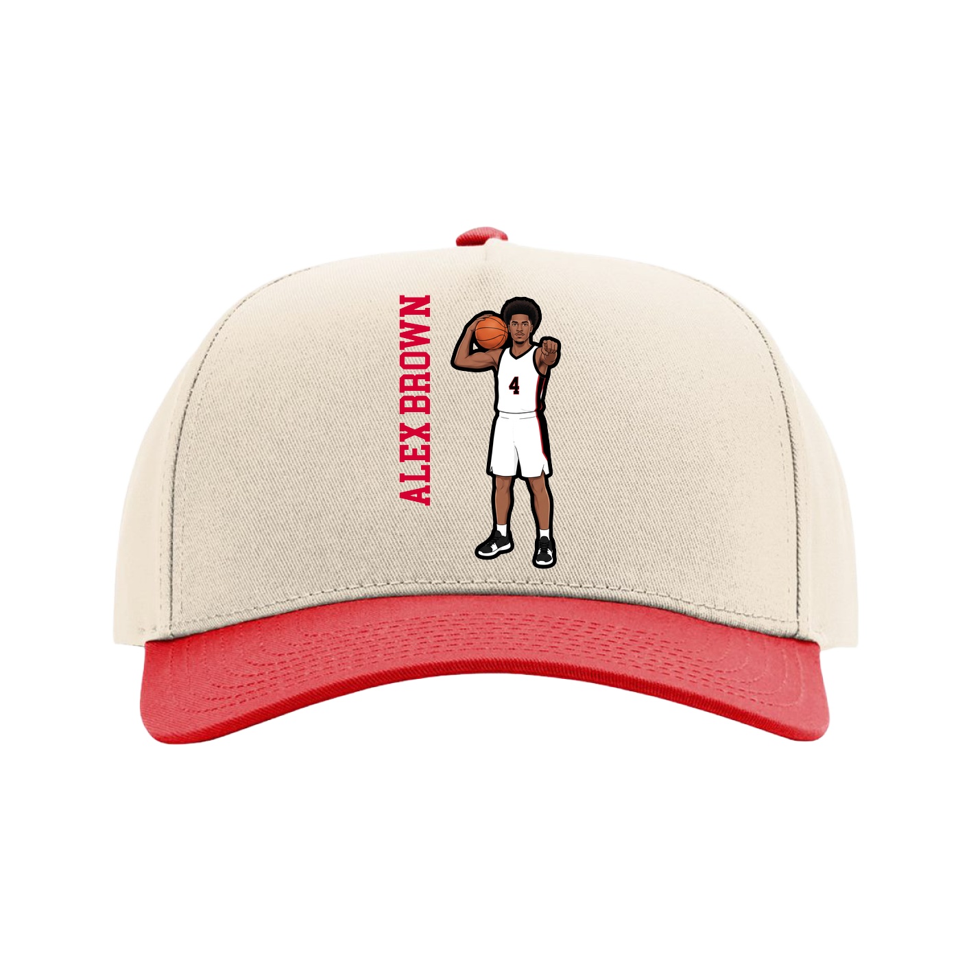 Full Fabric Five-Panel Champ Cap — Name Vertical in Cream/Red