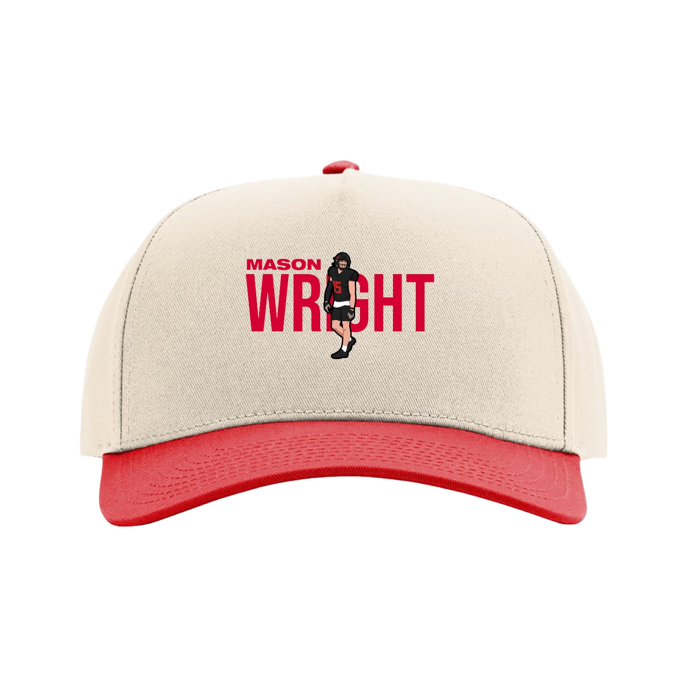 Full Fabric Five-Panel Champ Cap — Player Name in Cream/Red