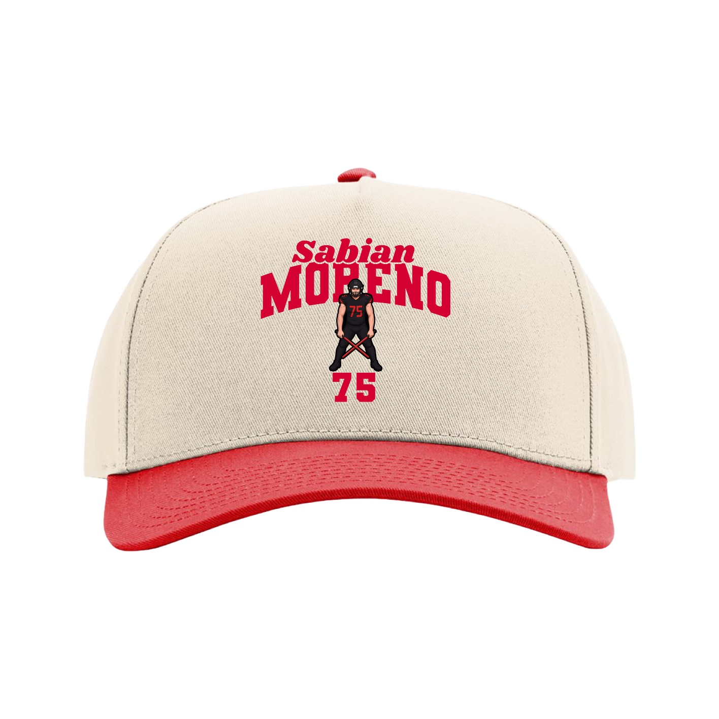 Full Fabric Five-Panel Champ Cap — Signature Arch in Cream/Red
