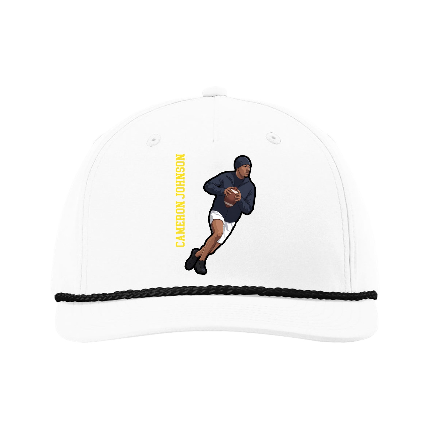 Five-Panel Classic Rope Cap — Name Vertical in White