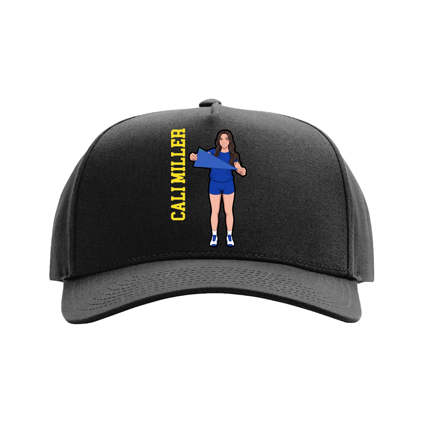 Full Fabric Five-Panel Champ Cap — Name Vertical in Black