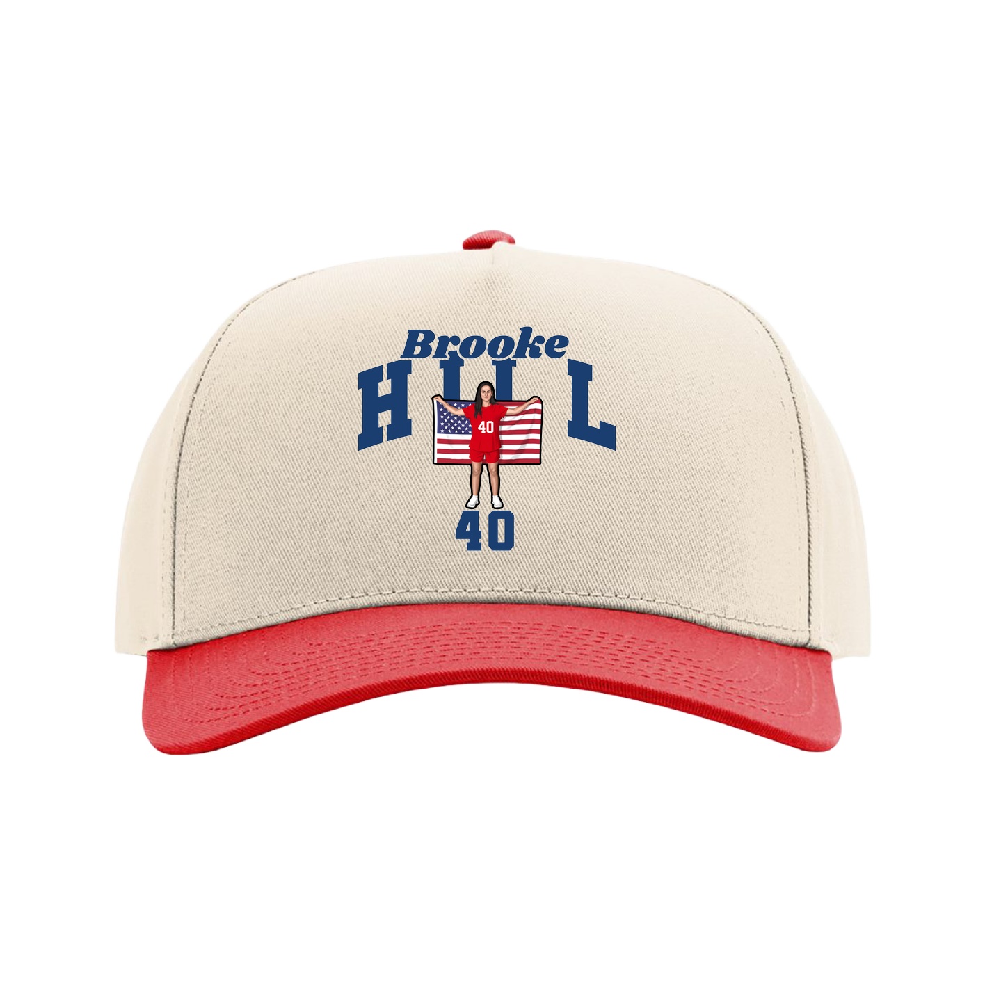 Full Fabric Five-Panel Champ Cap — Signature Arch in Cream/Red