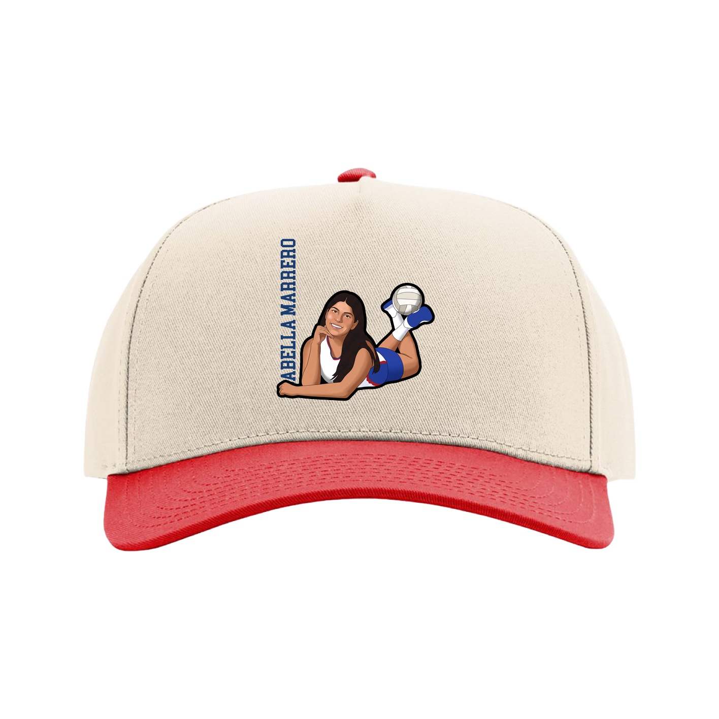 Full Fabric Five-Panel Champ Cap — Name Vertical in Cream/Red
