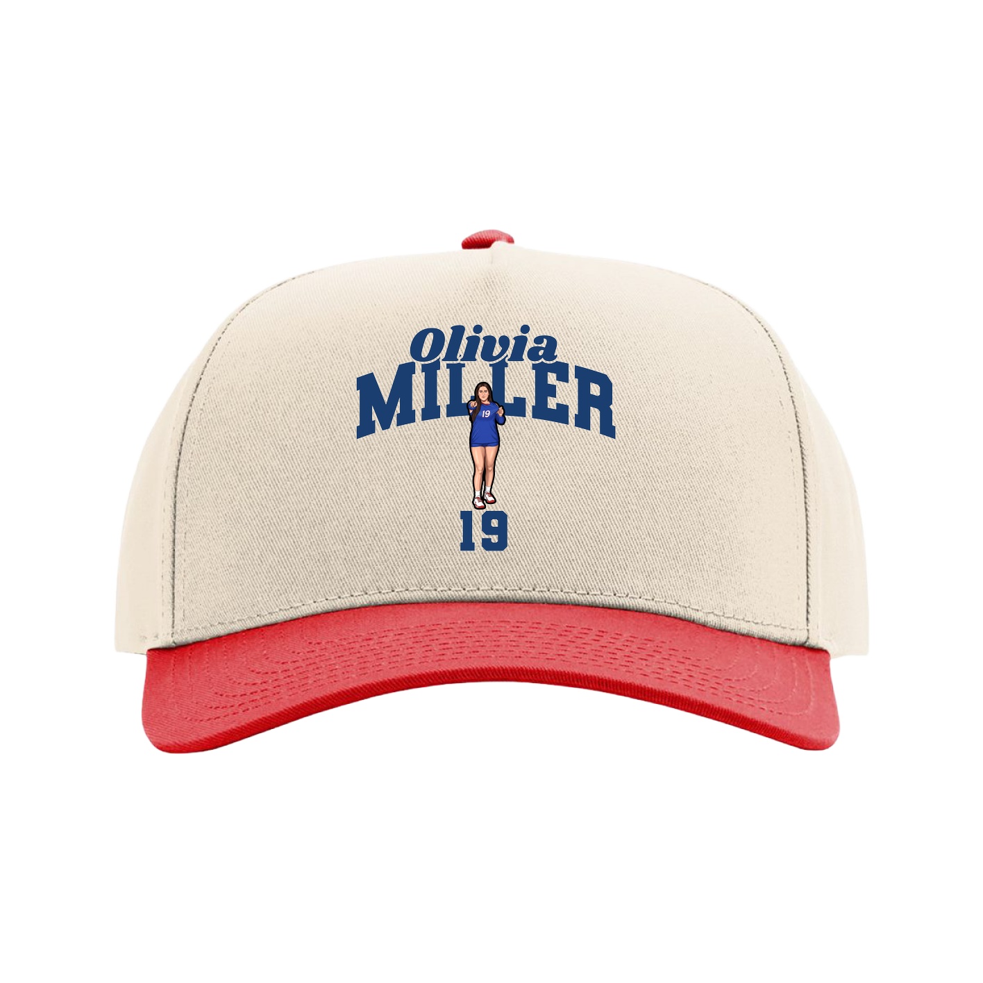 Full Fabric Five-Panel Champ Cap — Signature Arch in Cream/Red
