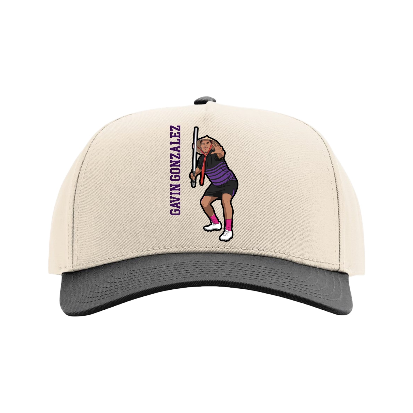 Full Fabric Five-Panel Champ Cap — Name Vertical in Cream/Black