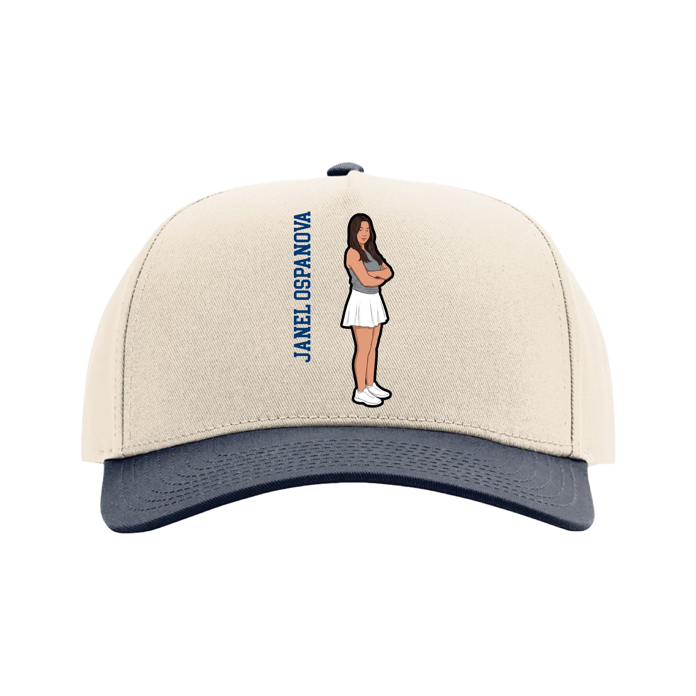 Full Fabric Five-Panel Champ Cap — Name Vertical in Cream/Navy