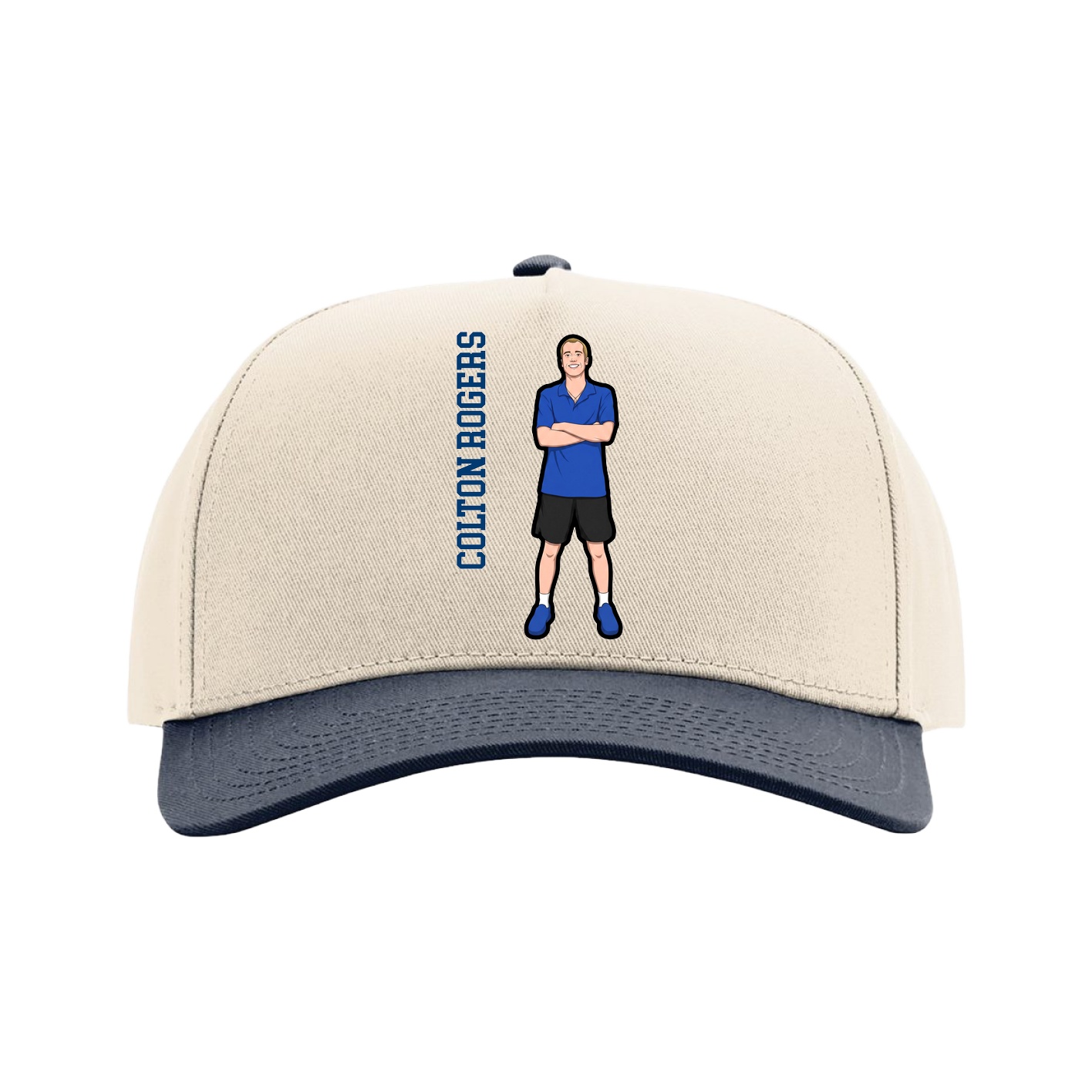 Full Fabric Five-Panel Champ Cap — Name Vertical in Cream/Navy