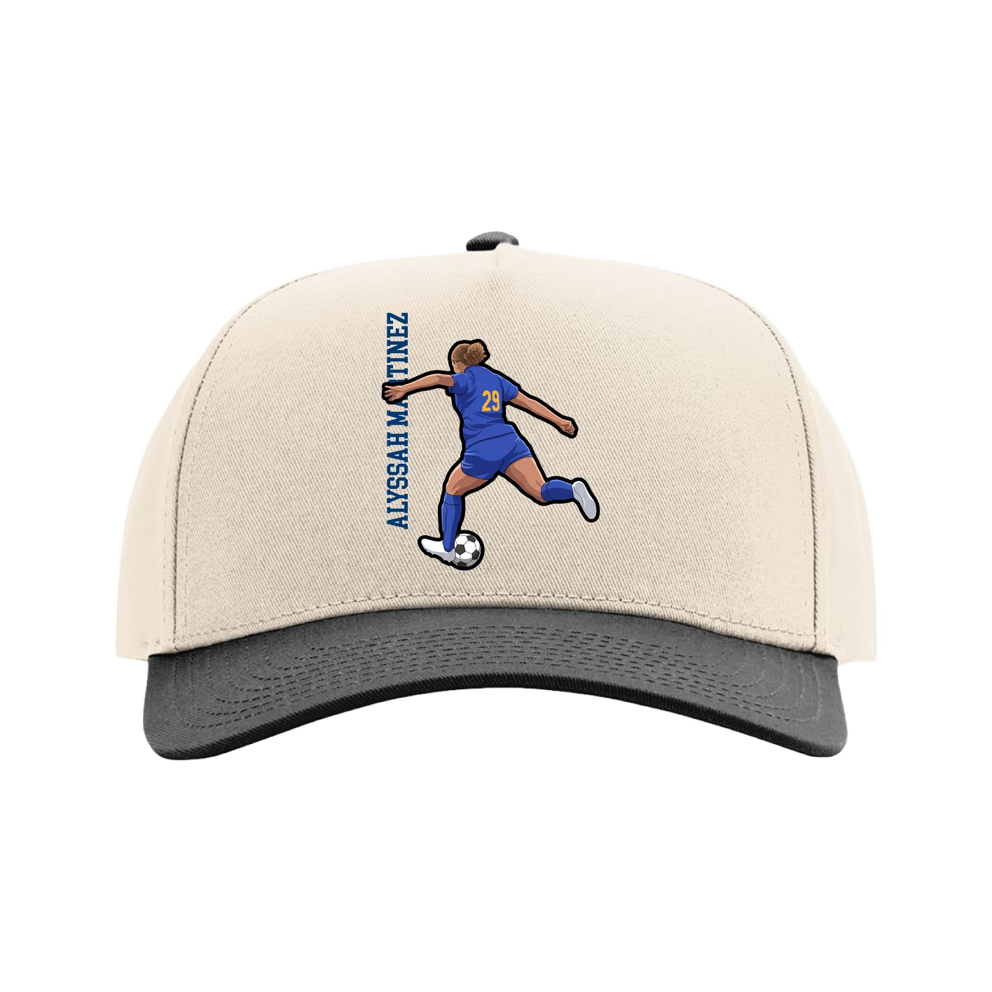 Full Fabric Five-Panel Champ Cap — Name Vertical in Cream/Black